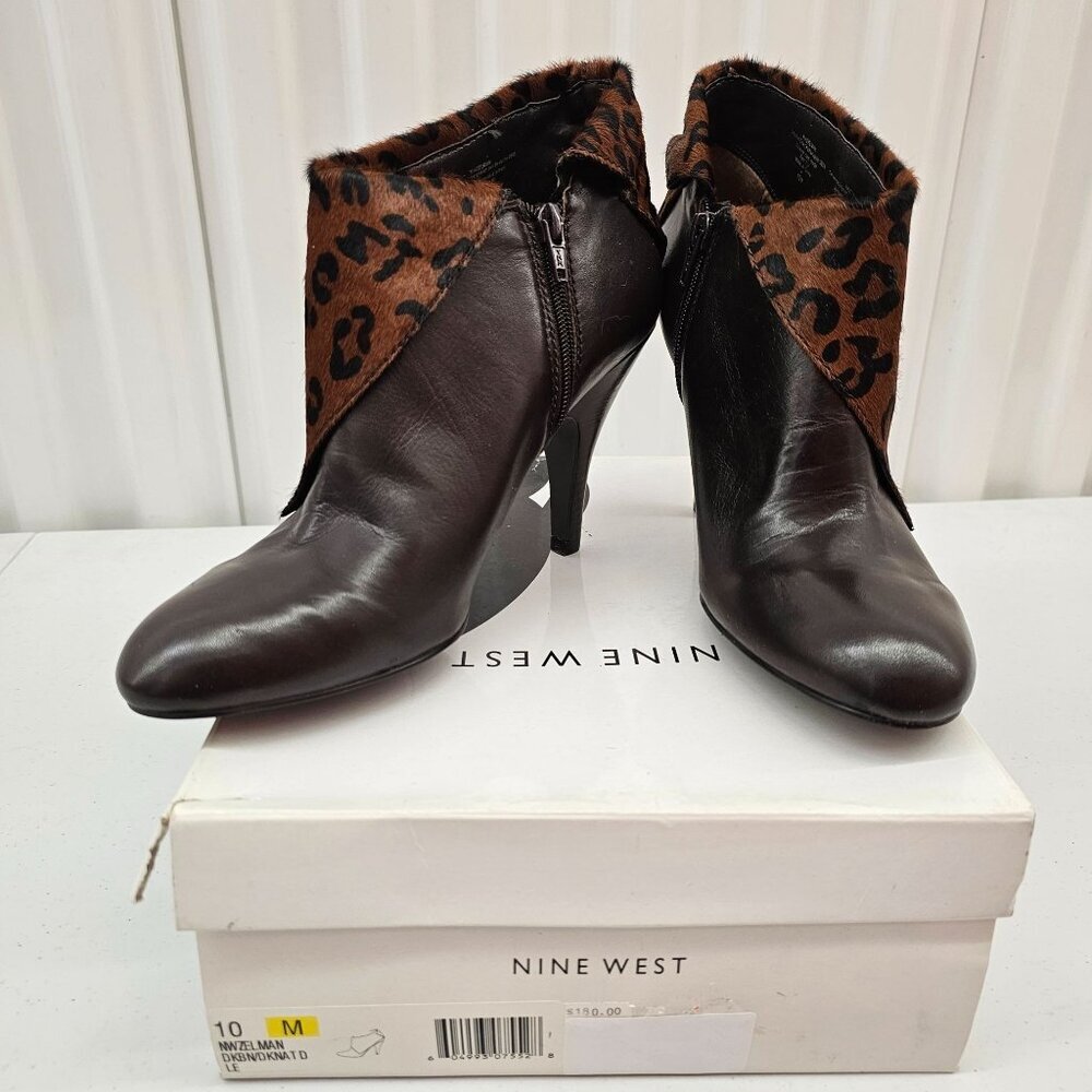 Nine West Women's Nwzelman Brown Leather, Fur & Leopard Print Ankle Boots Size 1